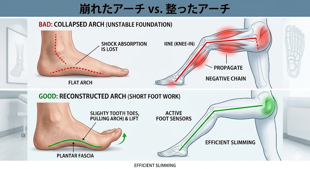 崩れた足底アーチ（扁平足）とショートフットによるアーチ再構築の比較図。扁平足は膝や股関節に歪みを伝え、ショートフットは土台を安定させる。
