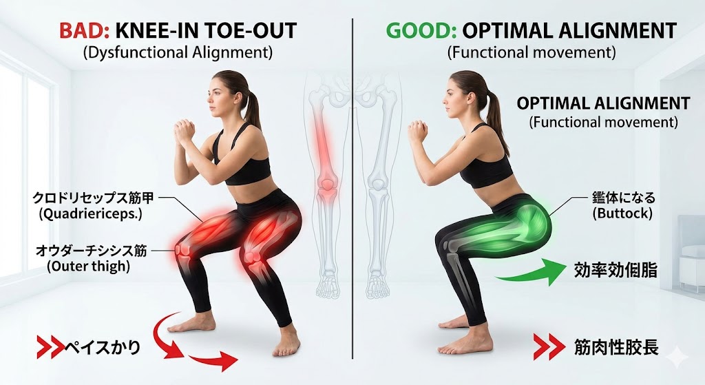 ニーイン・トゥーアウト（膝が内に入る悪いアライメント）と、正しい関節アライメントの比較図。悪い例では前ももが張り、良い例ではお尻（臀筋）が使えている。