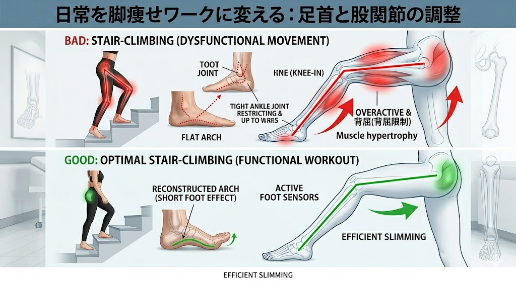 階段を上る際の関節の使い方の比較図。足首が硬く前ももで上る悪い例と、足首が柔らかくお尻を使って上る良い例。日常動作を脚痩せワークに変える方法。